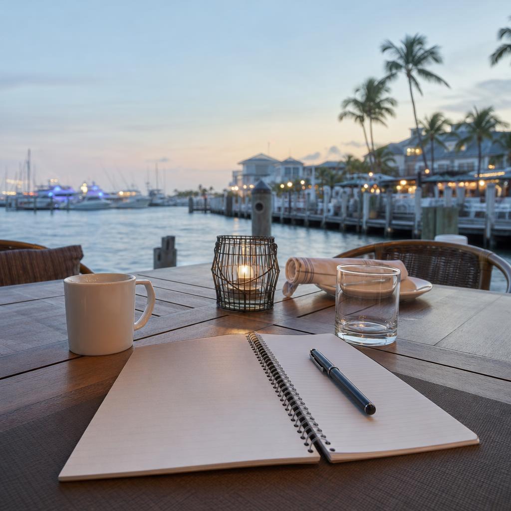 Notebook and coffee on a waterfront table in Key West at dusk